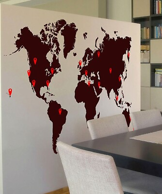 #ad Stickerbrand World Map Vinyl Wall Decal with Location Pin Drops #873