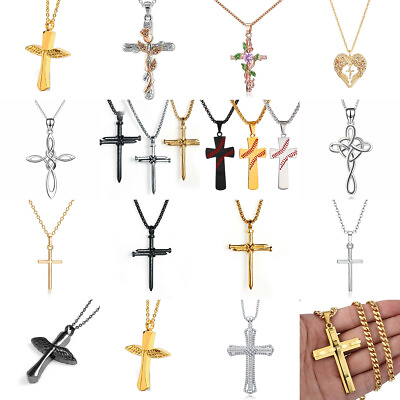 #ad Punk Cross Pendant Necklace Stainless Steel Cuban Chain Men Charm Jewelry Gifts