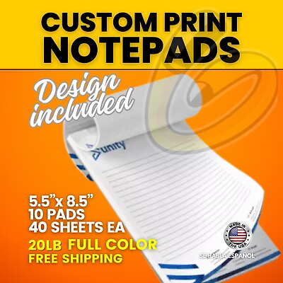 #ad 10 Custom Printed Note Pads W Your Logo Text 5.5 X 8.5 Bright White Stock.