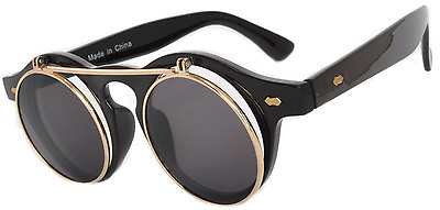 #ad Flip Up C2 Gothic Retro Round Circle Plastic Sunglasses Black Frame Smoke Lens