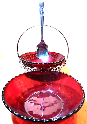 #ad Bowls Bilchrome Sheffield England Silver Plate Condiment Red Server w Spoon $14.00