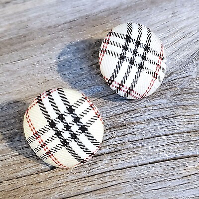 #ad Cream Black White Tartan Plaid Fabric Button Earrings