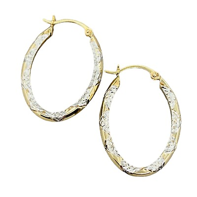 #ad 9ct Hollow Yellow and White Gold Oval Hoop Earrings 1.8g Preloved