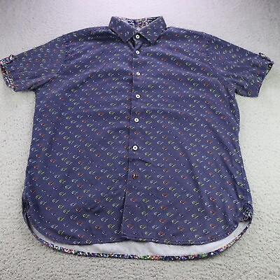 #ad Luchiano Visconti Black Shirt Mens XL Blue Sunglasses Print Button Cotton SS