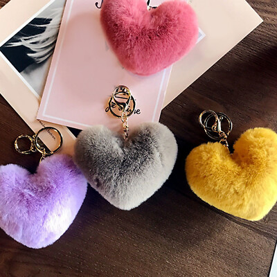 #ad Women Heart Shape Key Chain Fluffy Soft Pompom Bag Accessory Key Ring Gift