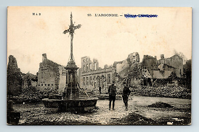 #ad WWI Era Postcard The Ruins of Avocourt France Cross Fountain Battlefield
