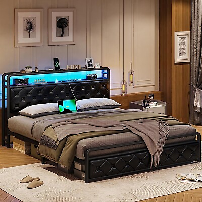 #ad King LED Bed Frame with Storage Headboard Faux Leather Platform Bed Frame Black