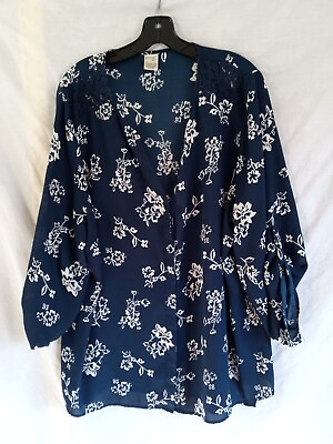 #ad Ladies 1x Button Up Blouse Navy Floral Roll Tab Lace Career Travel Packable