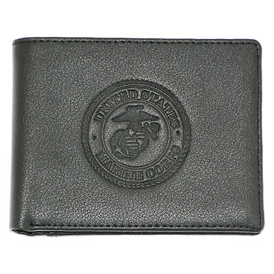#ad US Marines Genuine RFID Protection Leather BIFOLD Logo Wallet Black