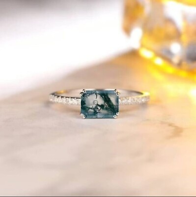 #ad Horizontal Emerald Cut Green Moss Agate Ring For Women Engagement Wedding Rings