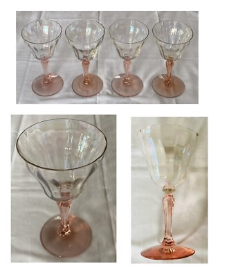 #ad VINTAGE Wine Glasses 8 oz. PINK STEM BEVELED 6.5quot; Tall 4 Piece Set