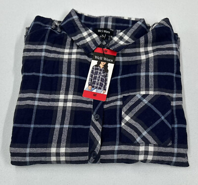 #ad Well Worn Ladie#x27;s Flannel Button Up Shirt Navy Sky Plaid Size M