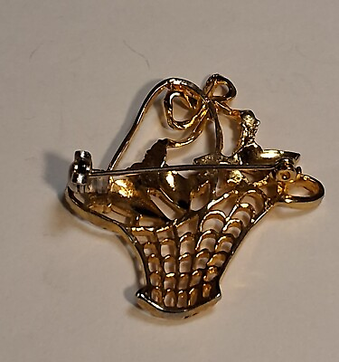 #ad Vintage Clear Rhinestone Gold Tone Flower Basket Small Ladies Brooch Pin