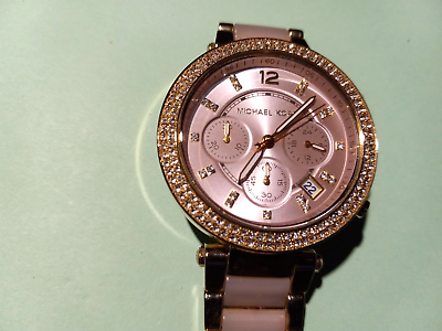 #ad Michael Kors MK6326 Parker Pink Dial Gold Tone Crystal Ladies Wrist Watch Nice