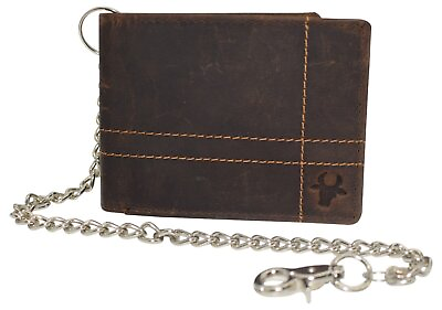 #ad RFID Blocking Men#x27;s Bifold Style Genuine Vintage Leather Steel Chain Wallet $25.99