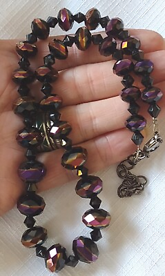 #ad Vintage Black Aurora Crystal Necklace Graduated Faceted Beads 17 20quot; Adjustable