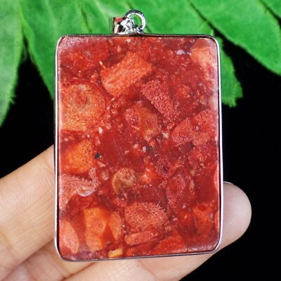 #ad 42x32x5mm Wrap Silver Red Coral Oblong Pendant Bead N19470
