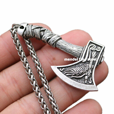 #ad MENDEL Mens Nordic Norse Viking Raven Axe Wolf Pendant Necklace For Men Chain