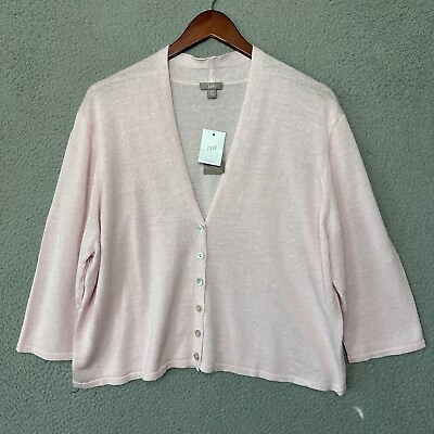 #ad J Jill Sweater Women 2X Plus Pink Linen Blend Cardigan Cropped Button Knit NWT