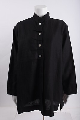 #ad Christopher Calvin Womens Blouse Shirt Oversized M Black Linen Top Mock Neck NWT