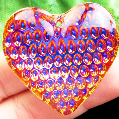 #ad 2Pcs Carved Orange Blue Titanium crystal Heart Pendant Bead 43x43x15mm FS94133