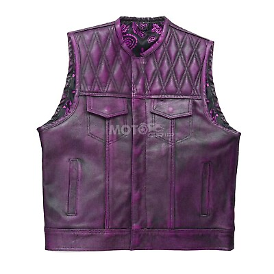 #ad Purple Wax Leather Vest Denim Men Biker Vest Men Braided Motorcycle Vest
