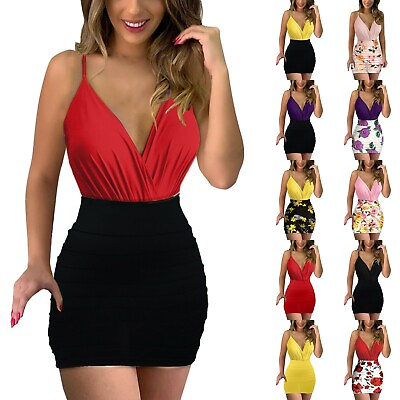#ad Women#x27;s Summer Sleeveless V Neck Ruched Bodycon Dress Party Dancing Mini Dress
