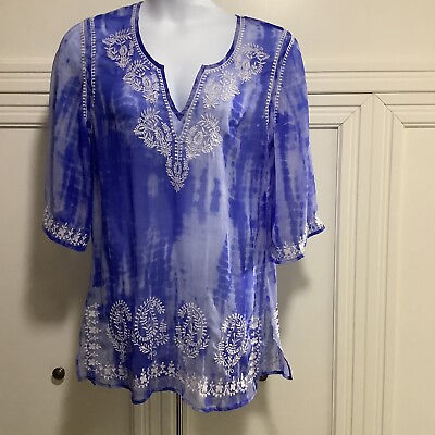 #ad Spiaggia Dolce Size L Blue Embroidered 3 4 Sleeve Sheer Tunic