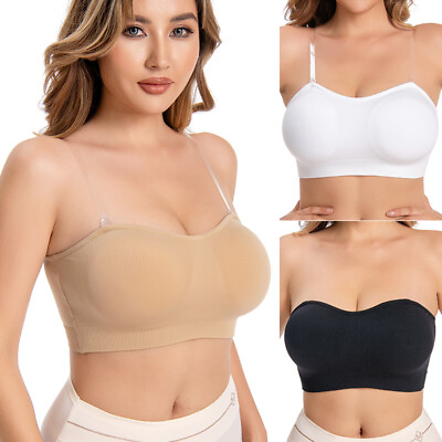 #ad Women Padded Bandeau Bra Wireless Comfort Seamless Tube Top with Invisible Strap