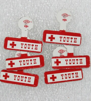 #ad Red Cross: c.1971 quot;Youthquot; tab buttons w red border Lot of 6