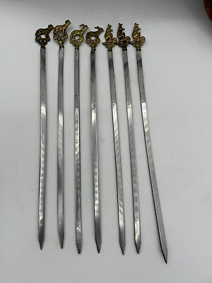 #ad Set of 7 Vintage 12quot; Turkish Animal Brass and Stainless Steel Skewers Inoxidable