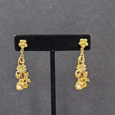 #ad Vintage Pierced Earrings Gold Plated Flower Rhinestone Dangle Statement 1.75quot;