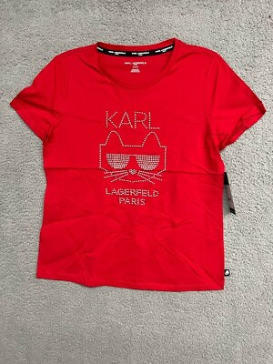 #ad Karl Lagerfeld Paris Womens Sunglasses Short Sleeve T Shirt Med Red Rhinestones