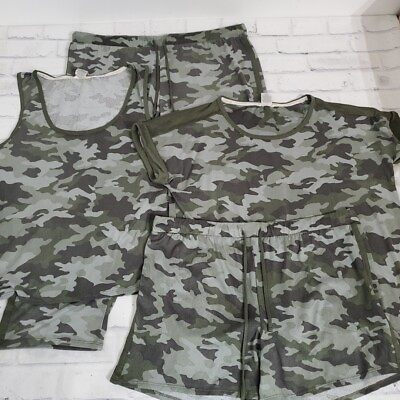 #ad Lucky Brand Pajama Set Womens XXL Camo 4pc Top Tank Pants Shorts Casual Green