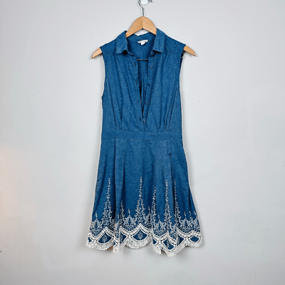 #ad Western Denim Embroidered Cotton Sleeveless Button Up Blue White Summer Dress 10 $23.00