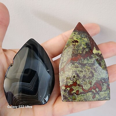 #ad Lot of 2 Polished Crystal Black Silk Agate And Dragon Blood Stone Flames