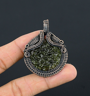#ad Moldavite Gemstone Copper Wire Wrap Handmade Pendant Jewelry Gift For Her