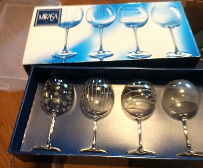 #ad Mikasa Cheers Balloon Wine Glasses Etched Large Set of 4 Diff 9 1 4” Tall