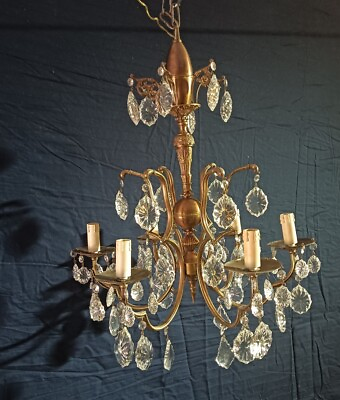 #ad Antique Vintage Bronze Chandelier 6 Light Elaborate Crystals Rare