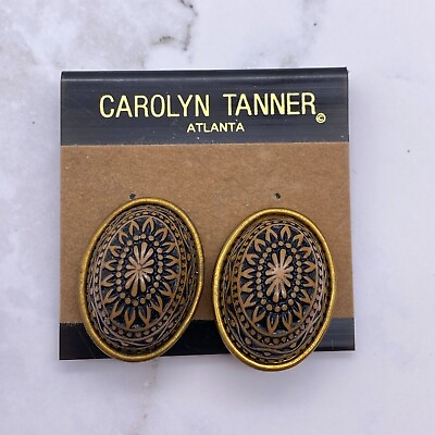 #ad Vintage Carolyn Tanner Oval Mandala style clip on earrings Brown black