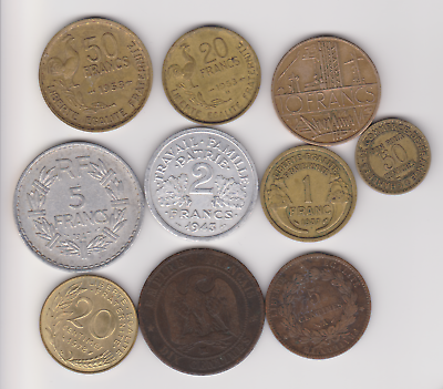 #ad France Set of 10 Coins 1854 1980 50 20 10 5 2 1 Francs 50 20 10 5 Centimes
