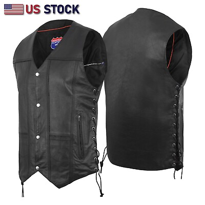 #ad Mens Genuine Leather 10 Pockets Motorcycle Biker Vest ANARCHY Black SOA #3540BLK