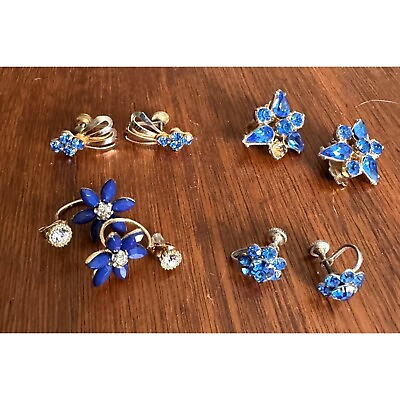 #ad Vintage Earrings FOUR Pair Blue Pierced Clip on Screw on COOL