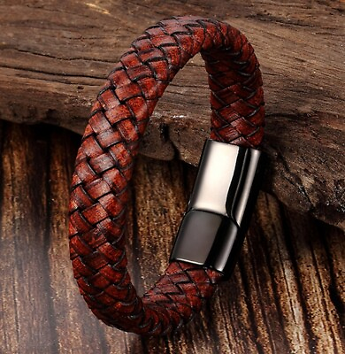 #ad Men Women Vintage Brown Braided Genuine Leather Bracelet Wristband Bangle 6.5 9quot;