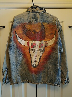 #ad Stone Washed Jean Jacket Size Medium Steer Head country design 🦬