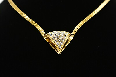 #ad Vintage Crystal Collar Necklace Gold Herringbone Chain Rhinestone Shiny NOS 80s