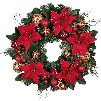#ad Kurt Adler Christmas Artificial Wreath with Ornaments and Poinsettias 30quot;