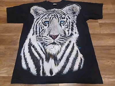 #ad Vintage 90#x27;s 1994 Nature Extinct Huge Face White Tiger Blue Eyes T shirt Large