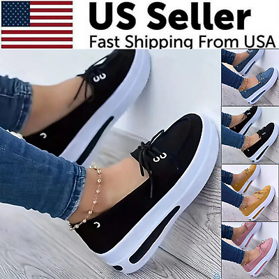 #ad Women Block Shoes Slip On Closed Toe Platform Flat Wedge Casual Lace Up Sneakers