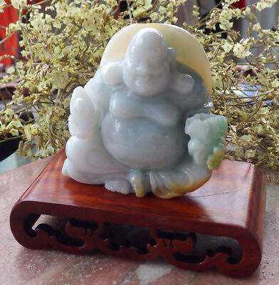 #ad Certified Yellow Burma Natural A Jade jadeite Display Buddha God Yuan Bao 602252